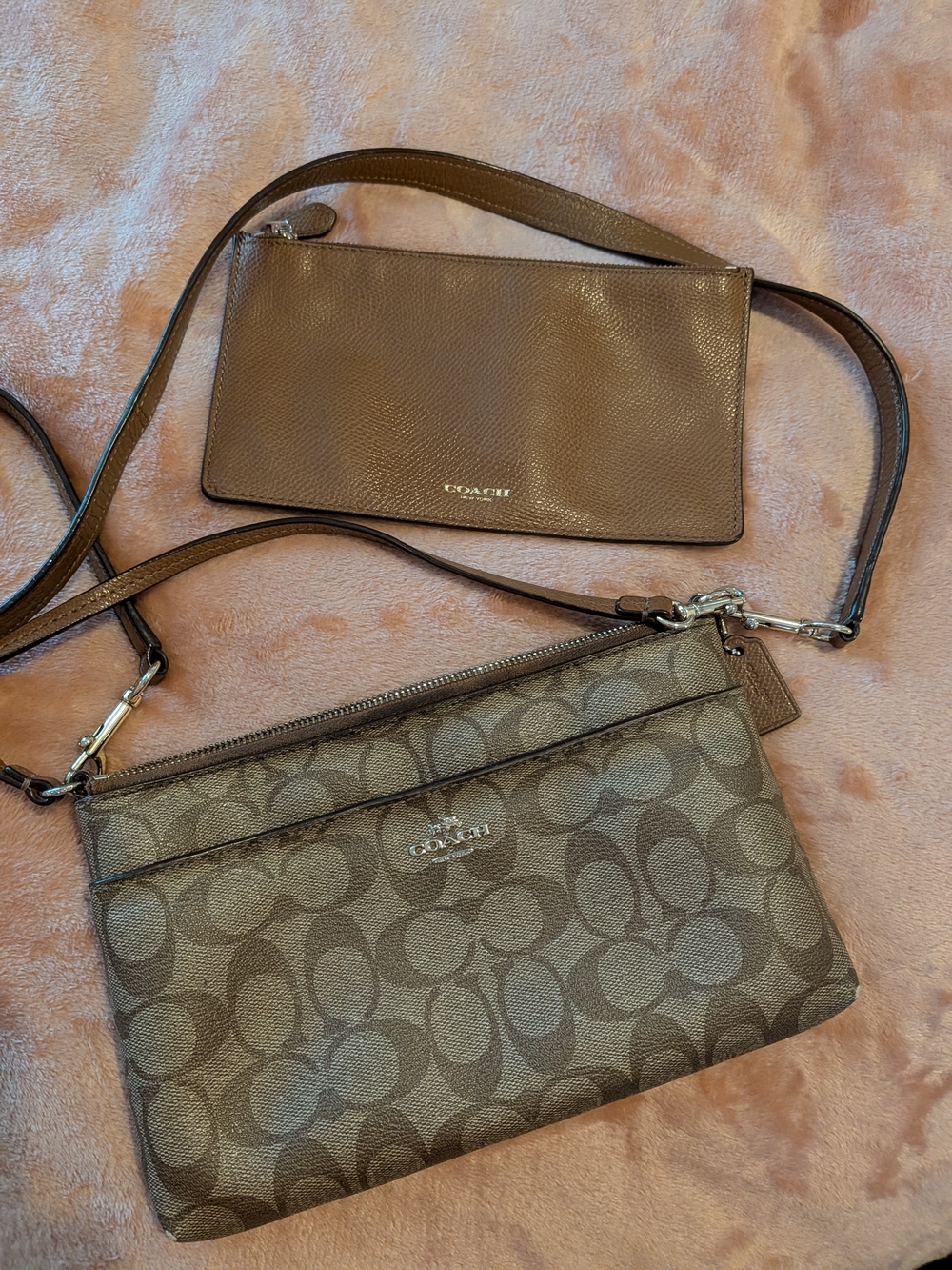 Coach Brown Signature Wristlet Crossbody with Leather Pouch Wallet
